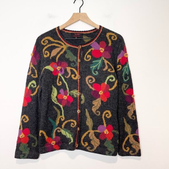 Tey Art Peru Alpaca Sweater Cardigan Peruvian Floral Hand-knit Medium - Picture 1 of 9